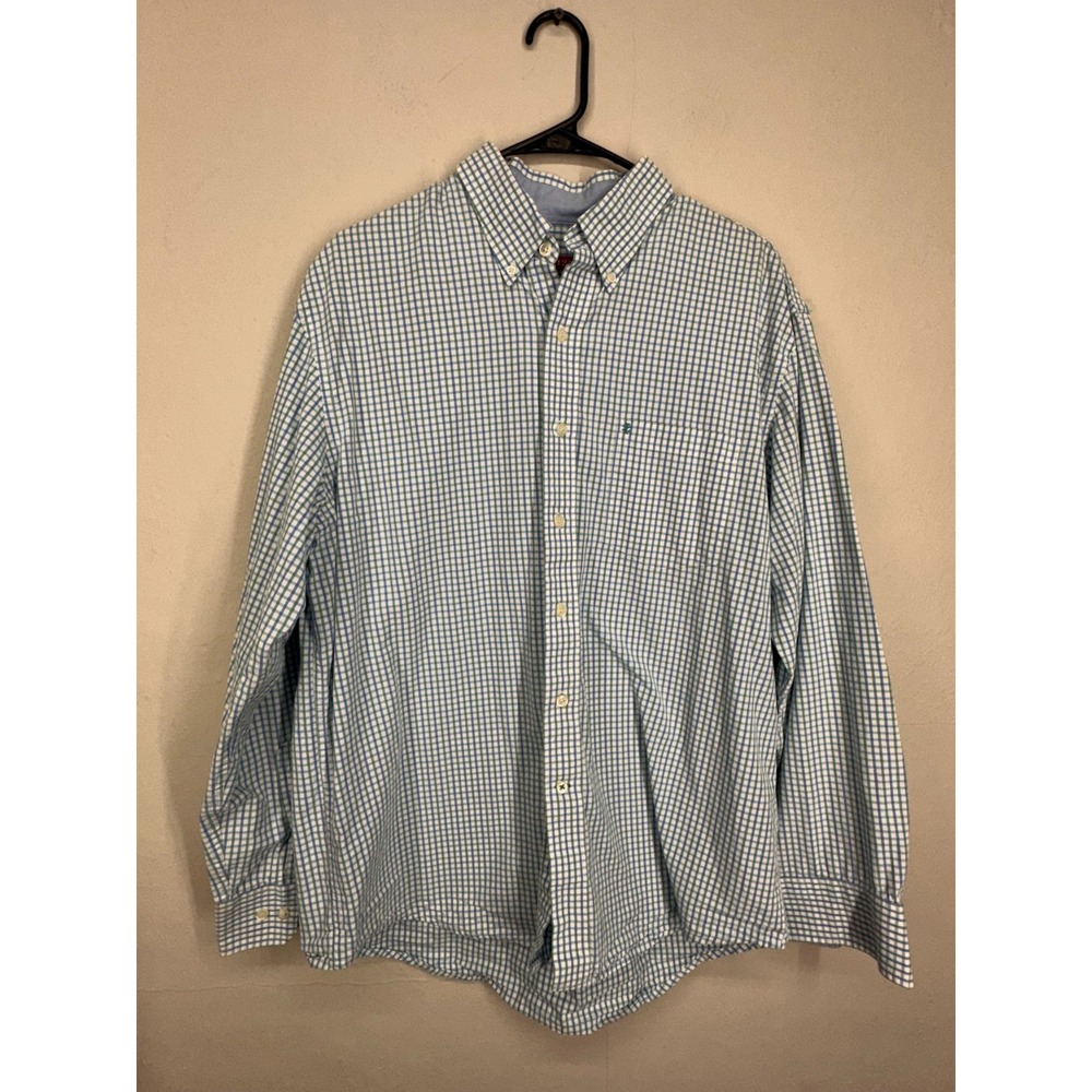IZOD Shirt Mens LARGE Blue Green Check Long Sleeve Collared Casual Button-Down